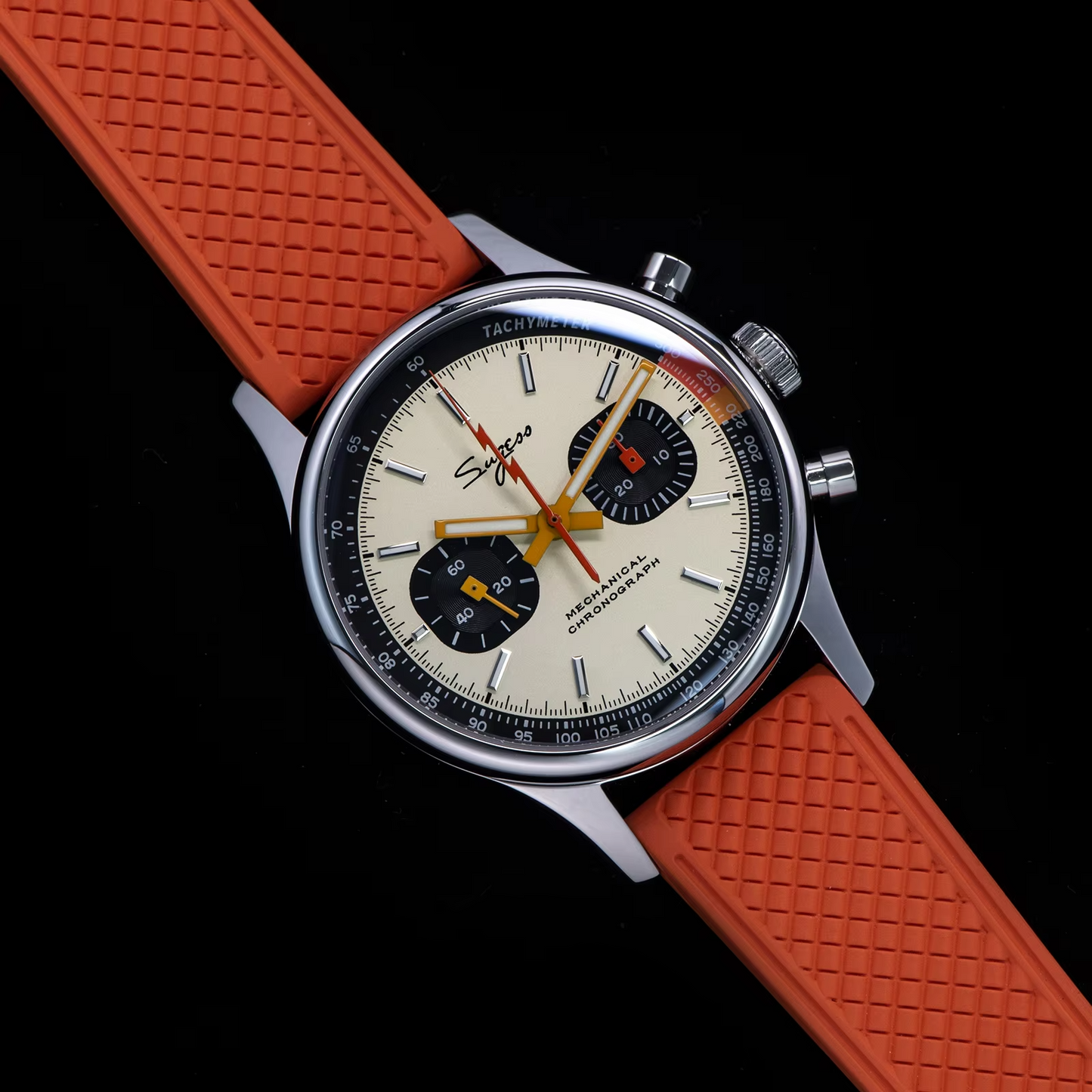 Sugess 1963 Watch Men Chronograph Mechanical Seagull ST1901 Cream Dial Orange Strap