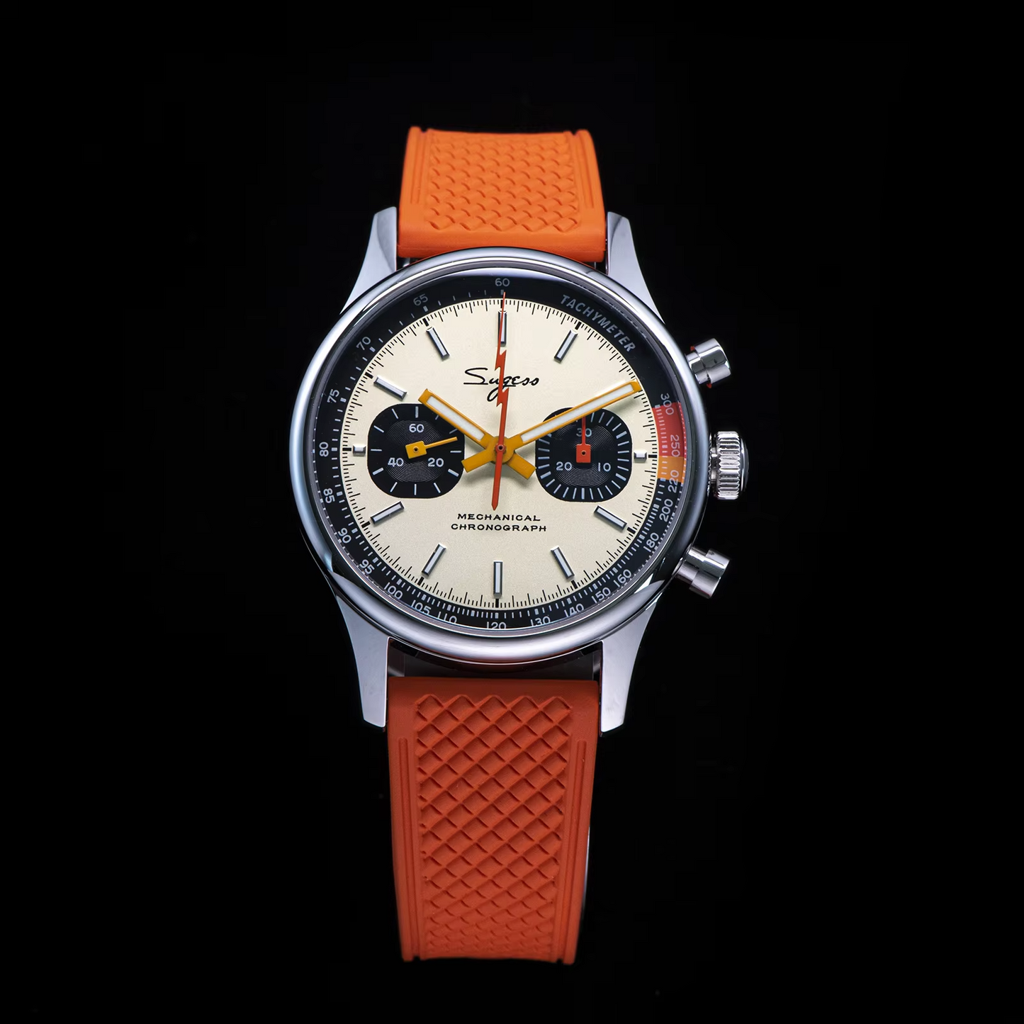 Sugess 1963 Watch Men Chronograph Mechanical Seagull ST1901 Cream Dial Orange Strap