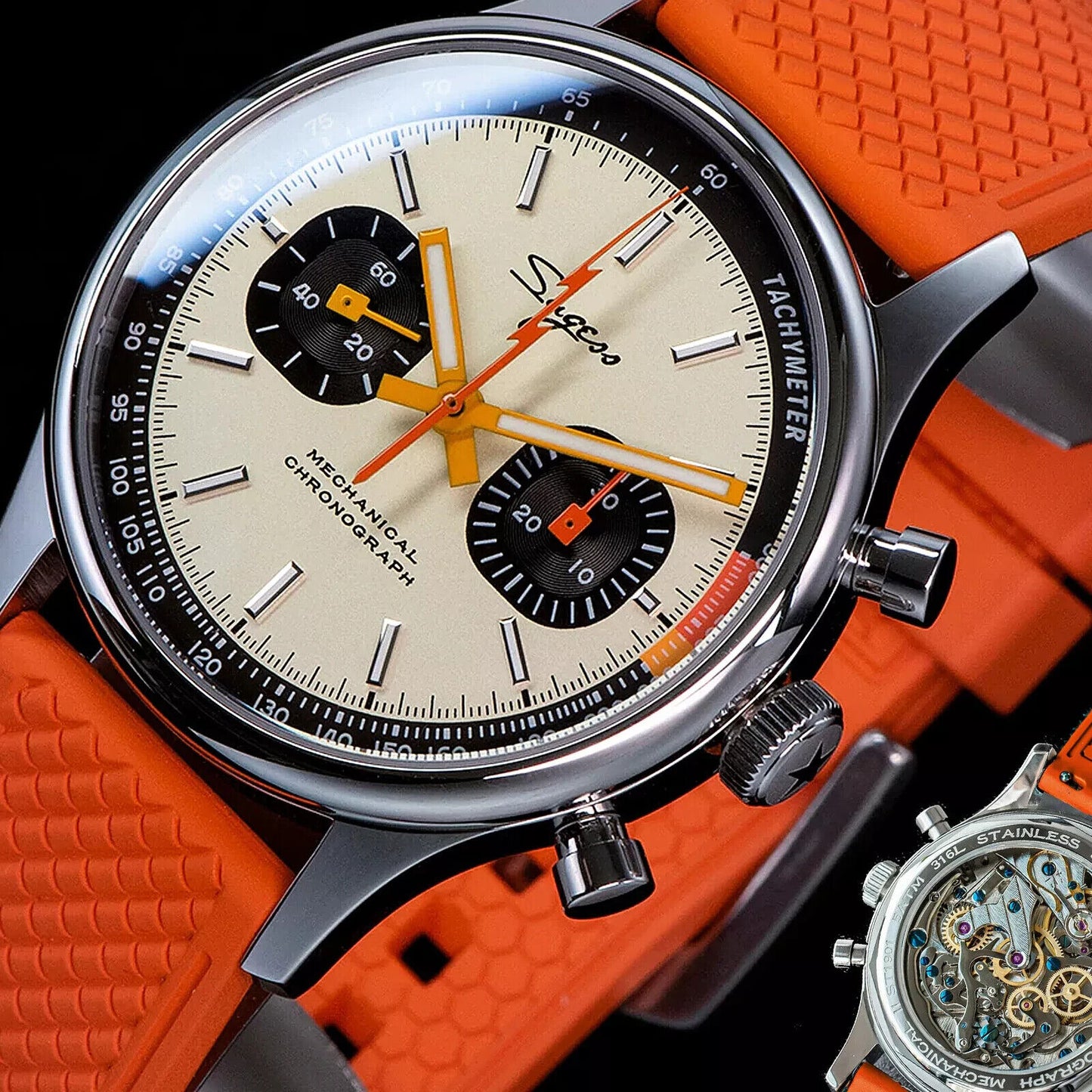 Sugess 1963 Watch Men Chronograph Mechanical Seagull ST1901 Cream Dial Orange Strap