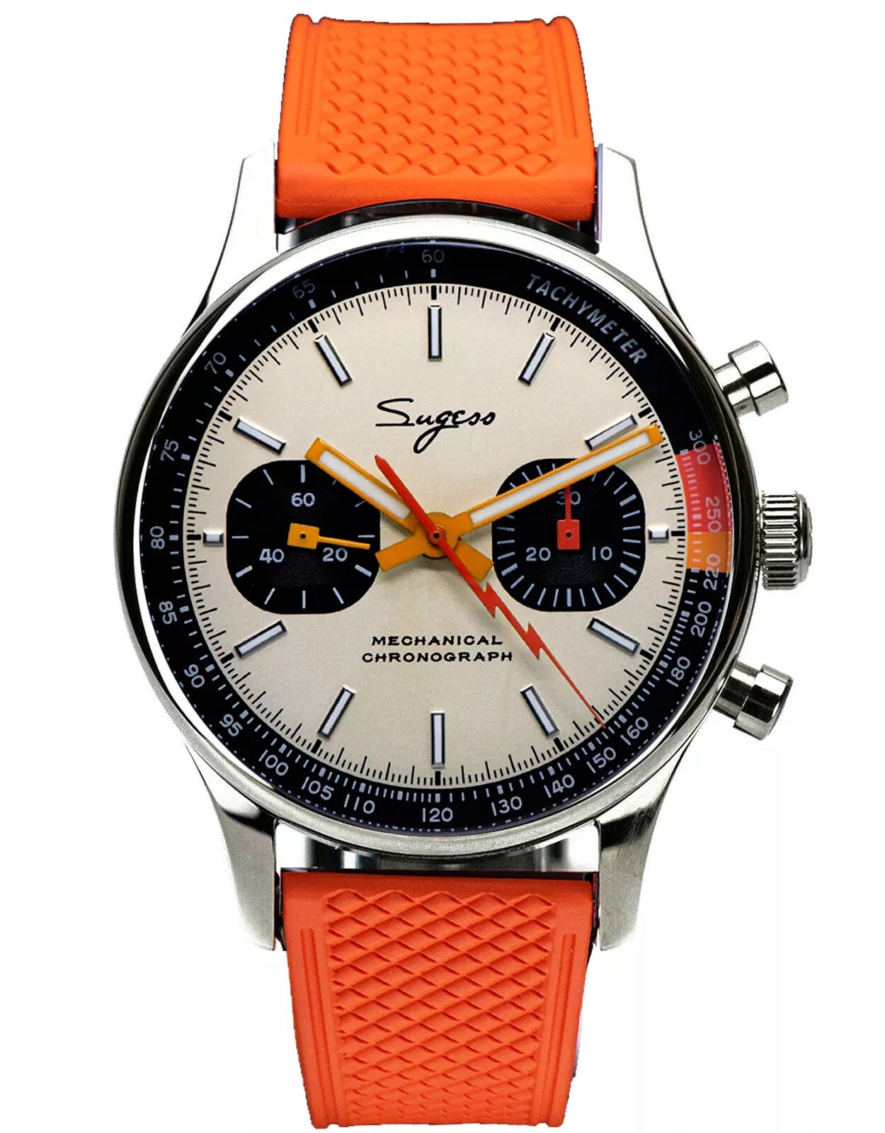 Sugess 1963 Watch Men Chronograph Mechanical Seagull ST1901 Cream Dial Orange Strap