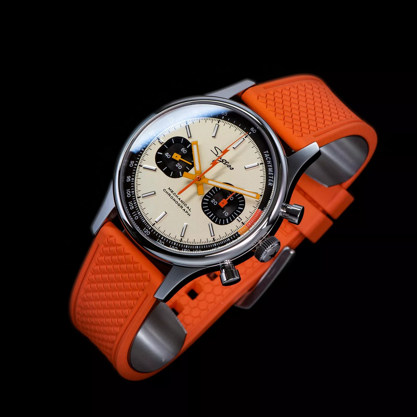 Sugess 1963 Watch Men Chronograph Mechanical Seagull ST1901 Cream Dial Orange Strap