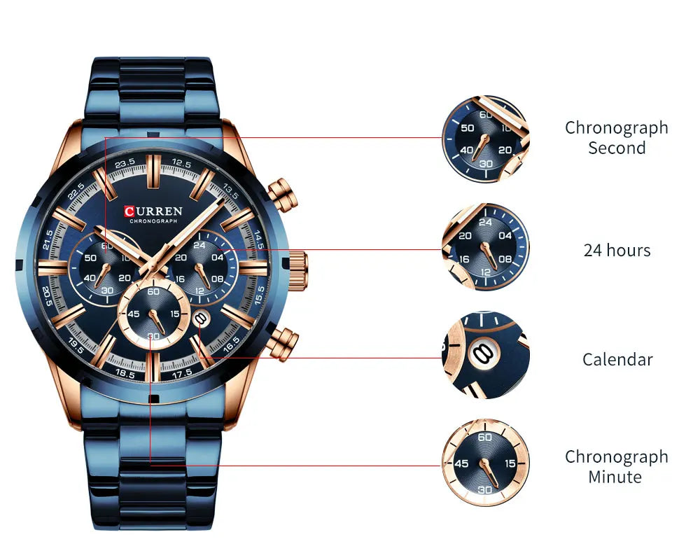 Curren Men's Watch Stainless Steel Band Business Waterproof Luxury Wrist Watches