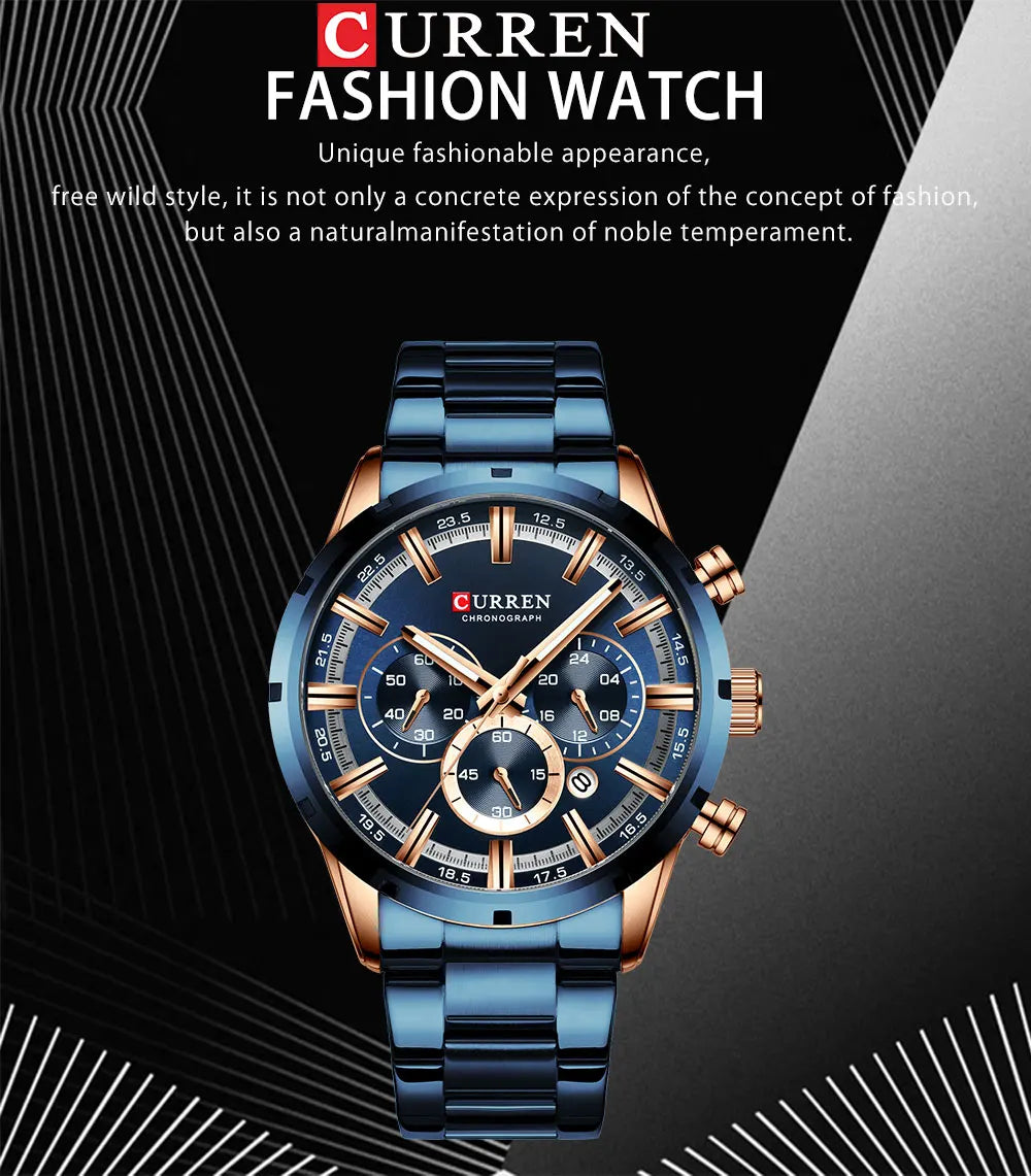 Curren Men's Watch Stainless Steel Band Business Waterproof Luxury Wrist Watches