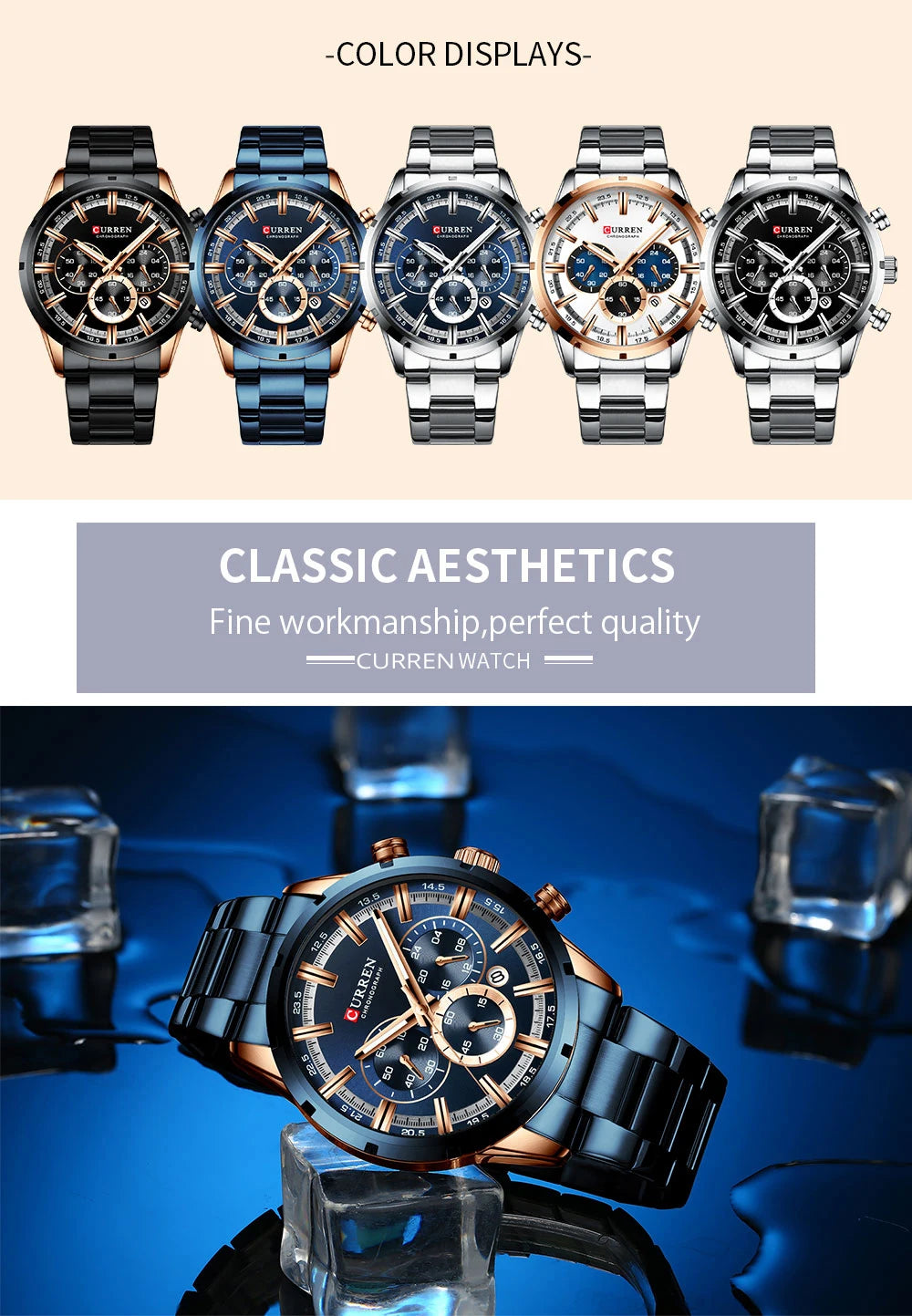 Curren Men's Watch Stainless Steel Band Business Waterproof Luxury Wrist Watches