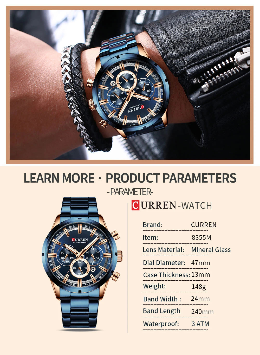 Curren Men's Watch Stainless Steel Band Business Waterproof Luxury Wrist Watches