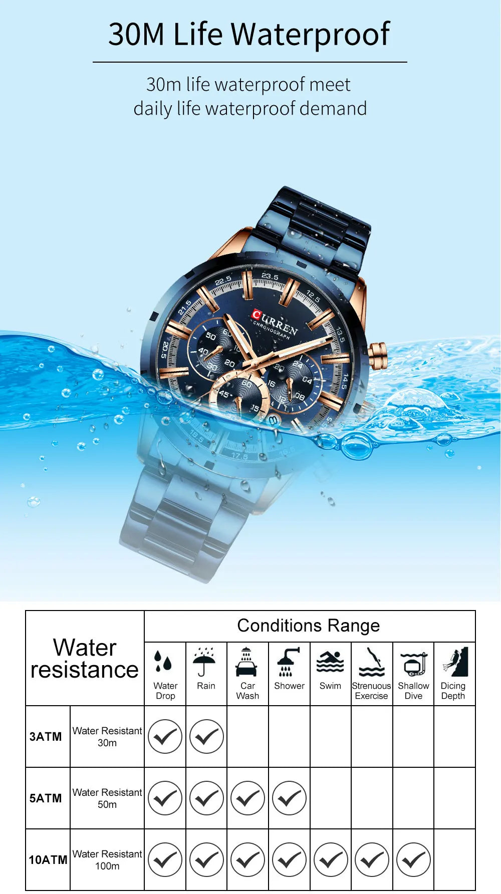 Curren Men's Watch Stainless Steel Band Business Waterproof Luxury Wrist Watches