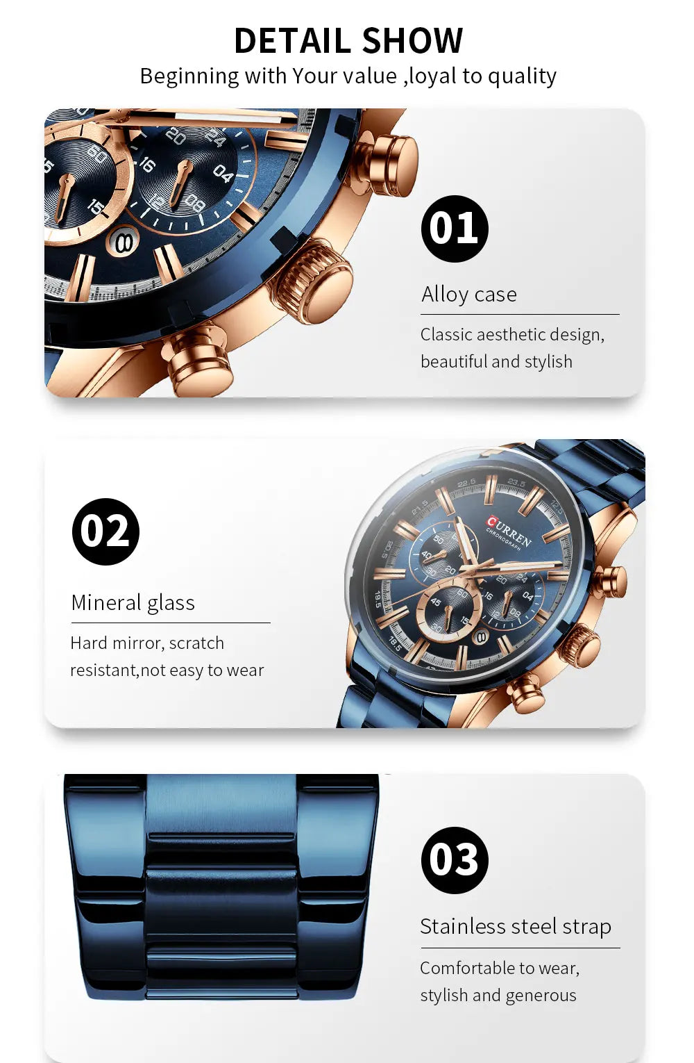 Curren Men's Watch Stainless Steel Band Business Waterproof Luxury Wrist Watches