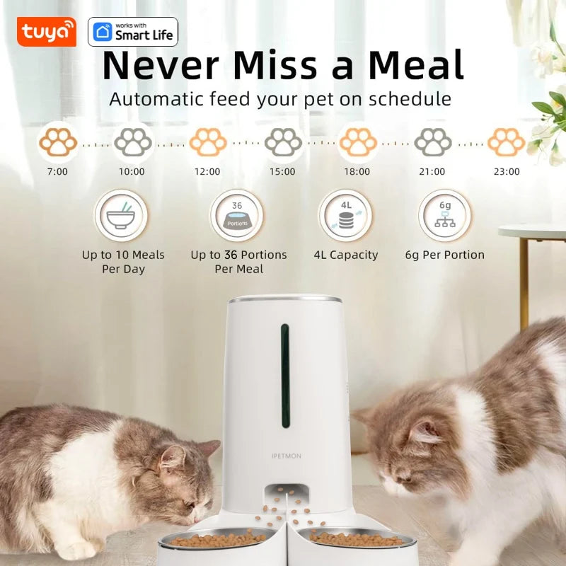 Automatic Dual Pet Feeder 4L Food Dispenser with Wi-Fi App Control