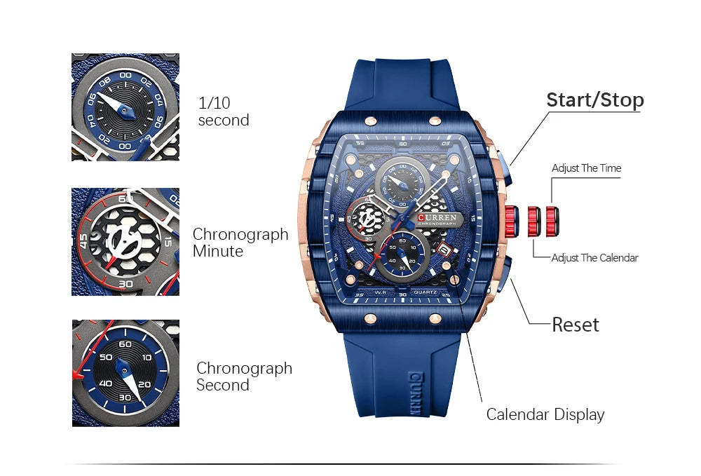 Curren Men's Watches Luxury Square Quartz Wristwatch Chronograph Watch