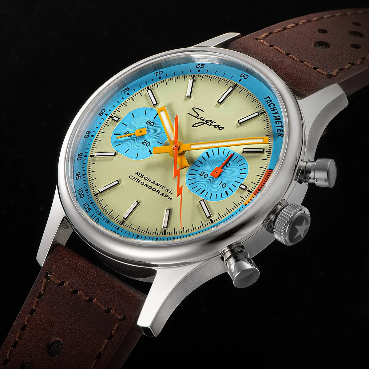 Sugess Pilot Watch Normal Movement or Swanneck Wristwatch Mechanical Chronograph Sappire Crystal Military Limited Racing 1963