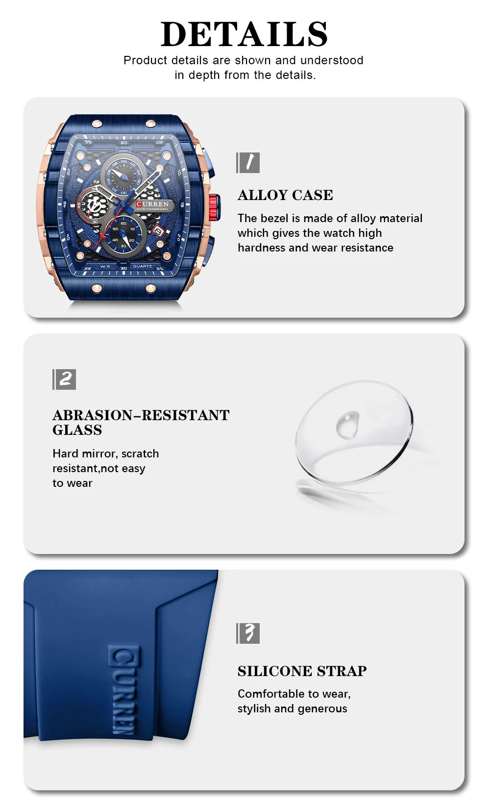 Curren Men's Watches Luxury Square Quartz Wristwatch Chronograph Watch