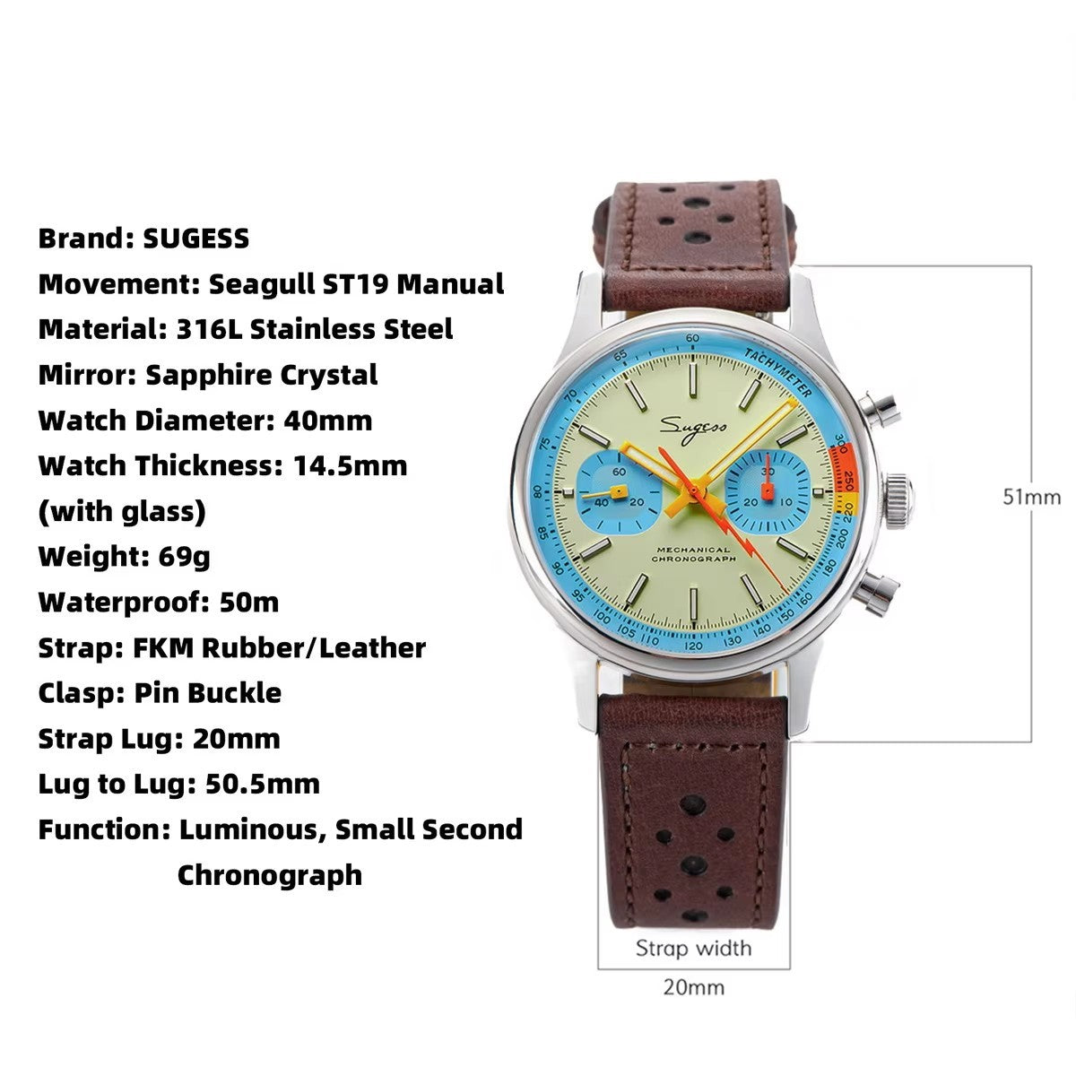 Sugess Pilot Watch Normal Movement or Swanneck Wristwatch Mechanical Chronograph Sappire Crystal Military Limited Racing 1963