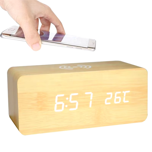 LED Wooden Wireless Charging Digital Bedside Alarm Clock Qi USB & Battery