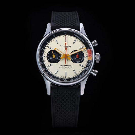 Sugess 1963 Watch Mens Chronograph Pilot Seagull ST1901 Cream Dial Black Rubber Strap