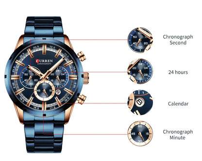 Curren Men's Watch Stainless Steel Band Business Waterproof Luxury Wrist Watches