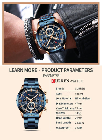 Curren Men's Watch Stainless Steel Band Business Waterproof Luxury Wrist Watches