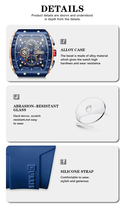 Curren Men's Watches Luxury Square Quartz Wristwatch  Chronograph Watch